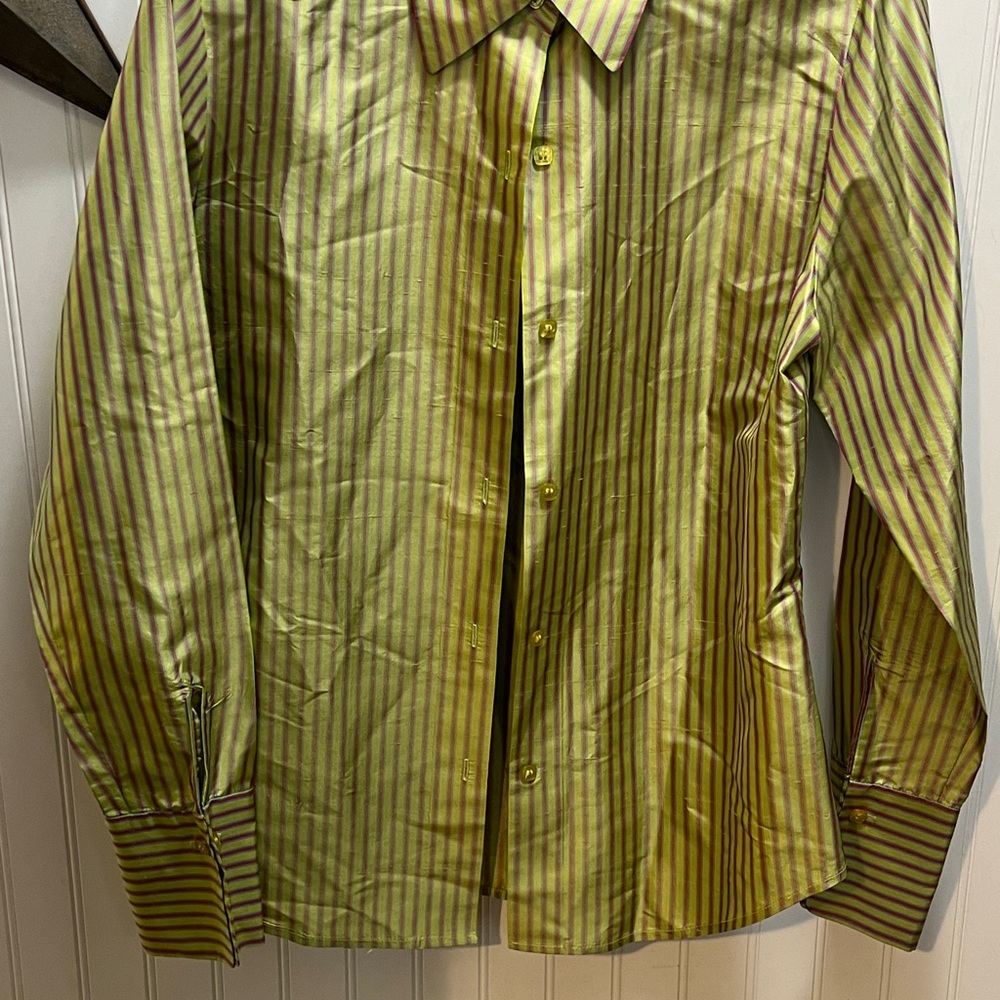Silk Olive Pink and Teal Striped  Button Down Shirt - Picture 6 of 11